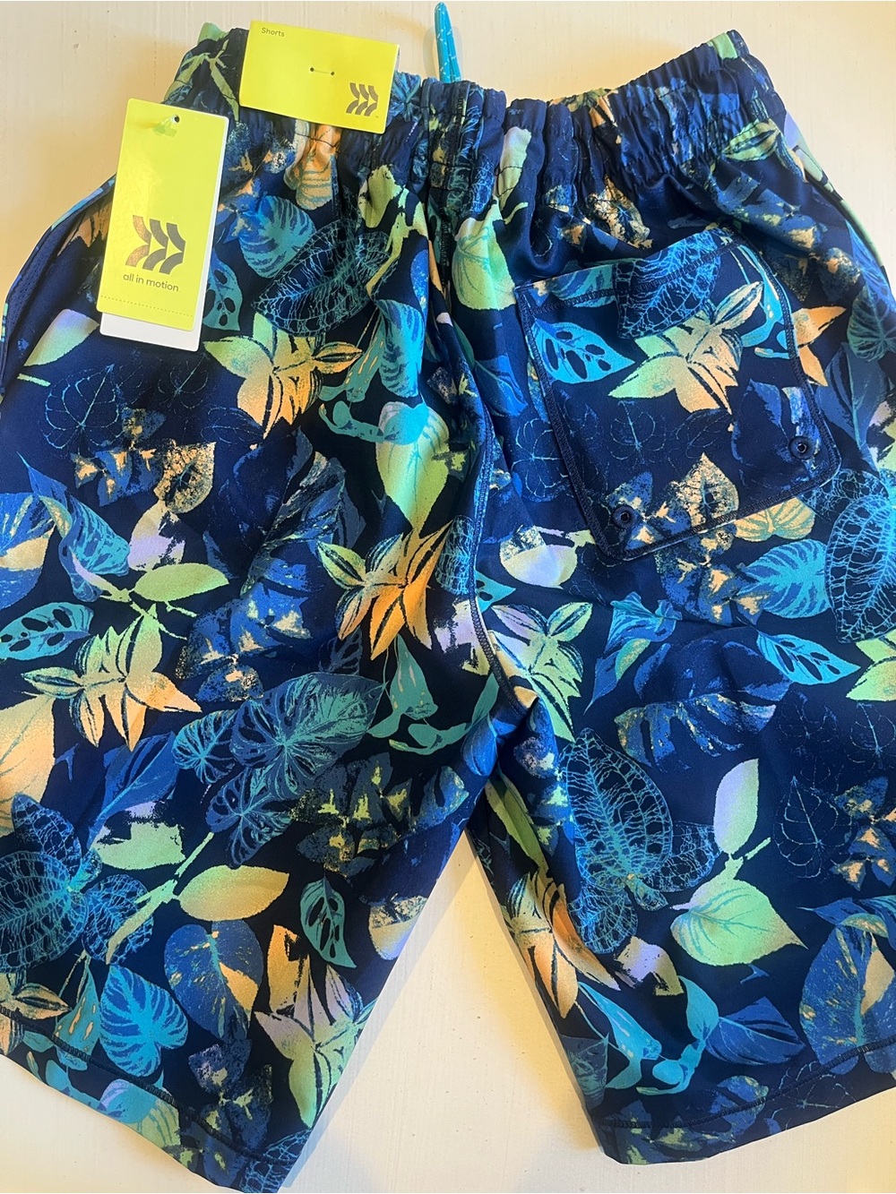BNWT-all in motion Navy Tropical Leaf Swim Shorts w Blue & Teal-size kids XL-14